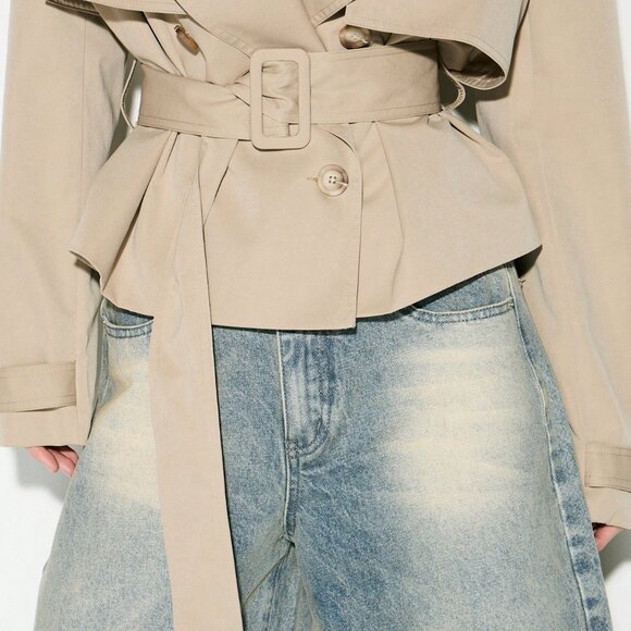 Khaki Casual Women's Double Breasted Cropped Trench Coat - Picture 4 of 5